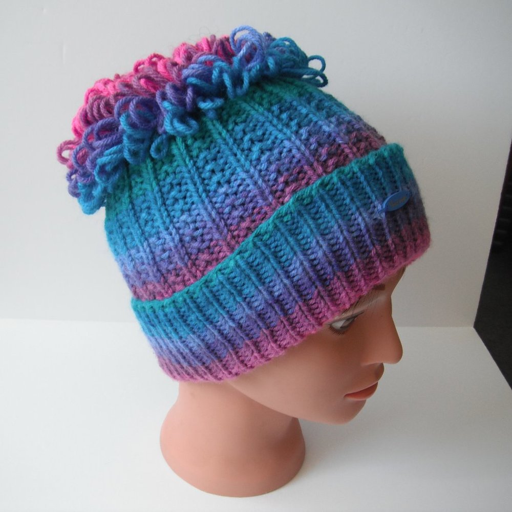 Hand Knitted Hat Toque Adult Size - L-M  Acrylic Pink/Blue-026B Hand knit by me